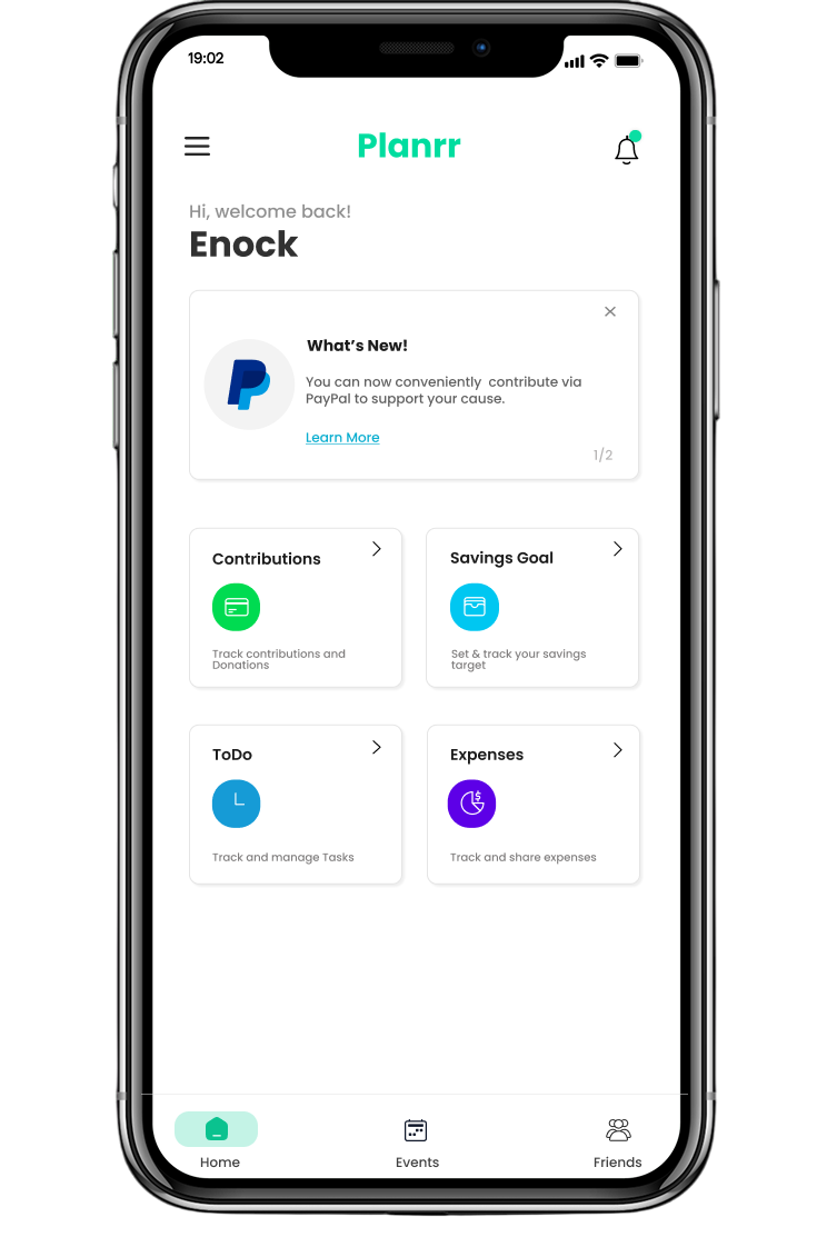 Planrr app interface showing tasks, contribution tracking, and savings goals dashboard